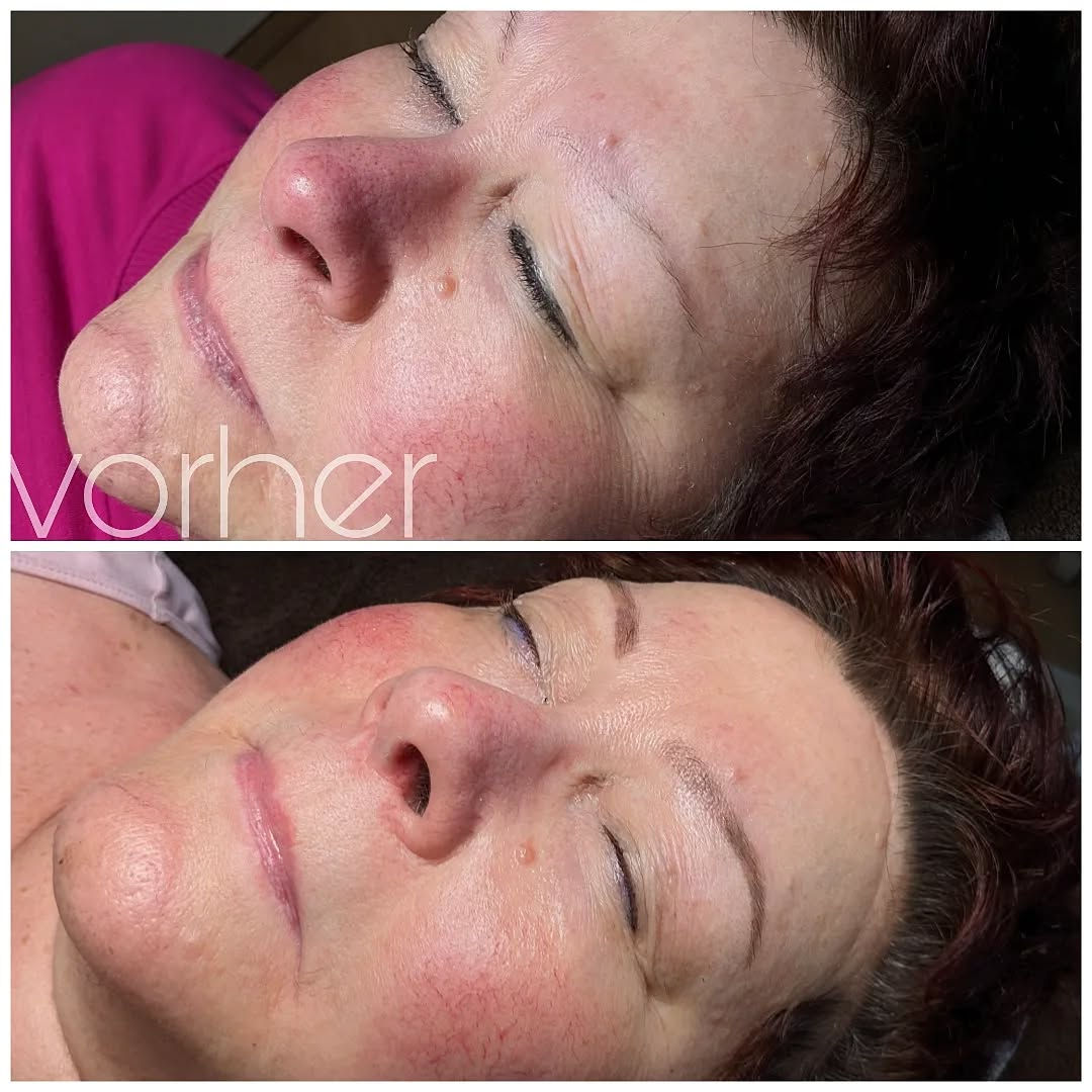 Vorher-Nachher einer Powderbrows-Behandlung.